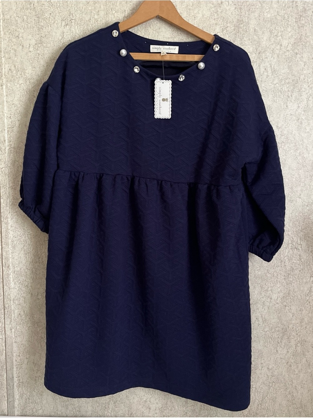 Simply Southern Quilted Babydoll Mini Dress Navy Blue Rhinestone Neck Women’s Sm